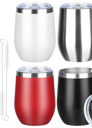 MEZMUT 12 Oz Insulated Wine Tumbler with Lid Double Wall Vacuum Stainless Steel Wine Glass Coffee Mug Insulated Tumbler Cup for Champaign, Cocktail, Beer (Multi-color, 4 Pack)