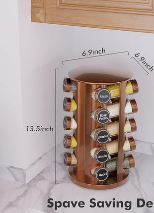 New England Stories Revolving Spice Rack Set with 20 Spice Jars, Kitchen Spice Tower Organizer for Countertop or Cabinet - Carousel Storage Includes 386 Spice Labels (Gold)