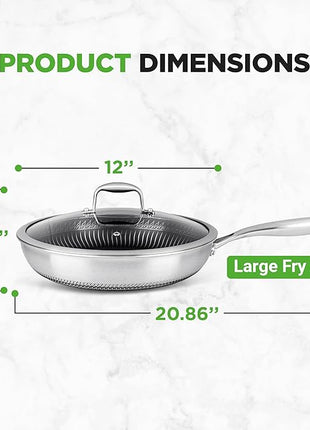 NutriChef 12" Stainless Steel Frying Pan with Lid- Triply Hybrid Large Skillet, Scratch-resistant Raised-up Honeycomb Fire Textured Pattern, Oven & DIshwasher Safe, NC3PL12