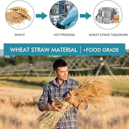 Teivio 32-piece Plastic Wheat Straw Square Dinnerware Set for 8, Unbreakable Dinner Plates, Salad Plates, Snack Bowls, Tumblers, Dishwasher Safe, Light Gray