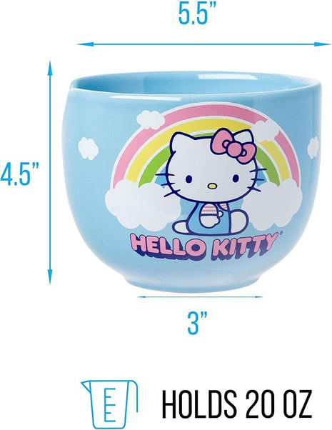 Silver Buffalo Hello Kitty Rainbow and Clouds Ceramic Ramen Noodle Rice Bowl with Chopsticks, Microwave Safe, 20 Ounces