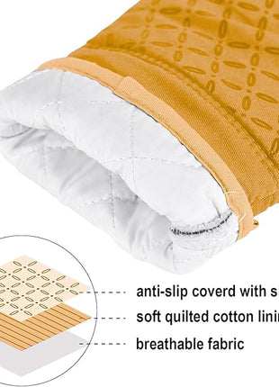 KEGOUU Oven Mitts and Pot Holders 6pcs Set, Kitchen Oven Glove High Heat Resistant 500 Degree Extra Long Oven Mitts and Potholder with Non-Slip Silicone Surface for Cooking （Orange）