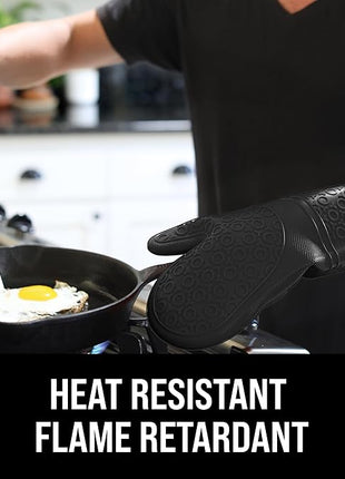BPA-Free Silicone Oven Mitts Ultra Heat Resistant up to 500°F - Oven Mitts with Thick Cotton Liner - Long Slip Resistant Pot Holders, Flexible Oven Gloves - Black 14.7