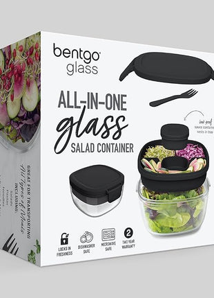 Bentgo Glass All-in-One Salad Container - Large 61-oz Salad Bowl with Lid, 4-Compartment Bento-Style Tray, 3-oz Sauce Container, and Reusable Fork - Dishwasher, Microwave, and Oven Safe (Black Onyx)