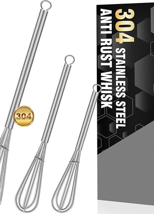 Walfos Whisk,304 Stainless Steel Mini whisk,Small Whisk.6in Long-Handle Non Rust Whisks Nice for stirring individual eggs and mixing small amounts of powder and sauce.Dishwasher Safe.(5+7+10in)