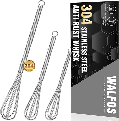 Walfos Whisk,304 Stainless Steel Mini whisk,Small Whisk.6in Long-Handle Non Rust Whisks Nice for stirring individual eggs and mixing small amounts of powder and sauce.Dishwasher Safe.(5+7+10in)