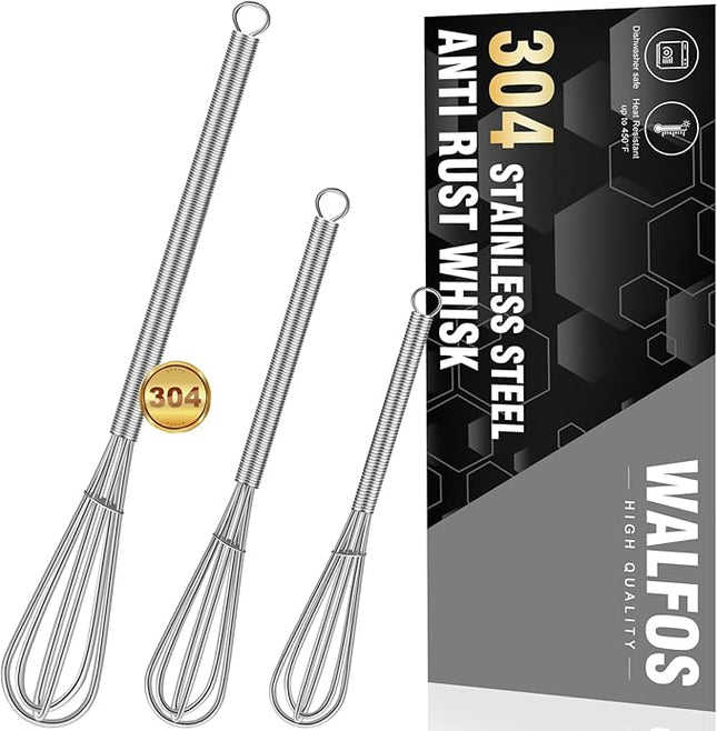 Walfos Whisk,304 Stainless Steel Mini whisk,Small Whisk.6in Long-Handle Non Rust Whisks Nice for stirring individual eggs and mixing small amounts of powder and sauce.Dishwasher Safe.(5+7+10in)