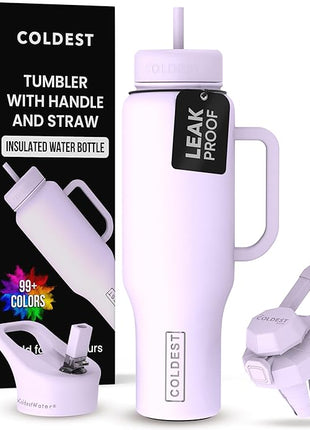 Coldest Tumbler with Handle and Straw - 100% Leak Proof Insulated Tumbler with Lid and Straw (3 Lids) - Stainless Steel Tumblers for Women & Men - Cup Holder Friendly Base, 46 oz (Lilac Blue)