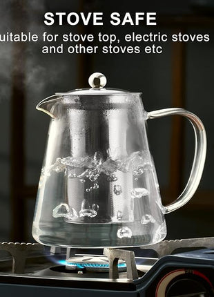 PARACITY Glass Teapot Stovetop 32 OZ, Borosilicate Clear Tea Kettle with Removable 18/8 Stainless Steel Infuser, Teapot Blooming and Loose Leaf Tea Maker Tea Brewer for Camping, Travel (950ML)