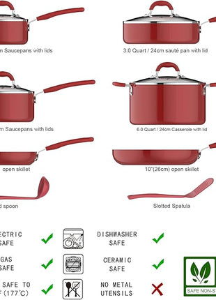 Amazon Basics Aluminum NS 12pc Red cookware set, 12 piece