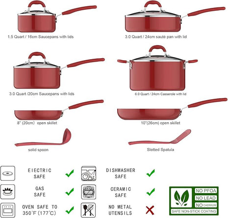 Amazon Basics Aluminum NS 12pc Red cookware set, 12 piece