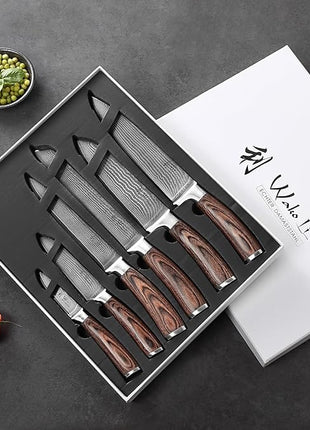 Wakoli EDIB 6-Piece Damascus Knife Set – Professional Chef Knives Set with VG10 Core Blades, 67-Layer Damascus Steel and Ergonomic Pakkawood Handles – Premium Kitchen Knives in Wooden Gift Box