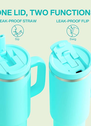 40 oz Tumbler with Handle and Straw: Stainless Steel Insulated Tumbler Keeps Cold for 24 Hours, Leakproof Travel Cup Fits in Cup Holder and BPA-Free,Aquamarine Blue