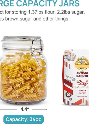 Vtopmart 34oz Glass Food Storage Jars with Airtight Clamp Lids, 3 Pack Kitchen Canisters for Flour, Cereal, Coffee, Pasta and Canning, Square Mason Jar with 8 Chalkboard Labels