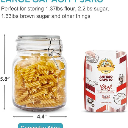 Vtopmart 34oz Glass Food Storage Jars with Airtight Clamp Lids, 3 Pack Kitchen Canisters for Flour, Cereal, Coffee, Pasta and Canning, Square Mason Jar with 8 Chalkboard Labels