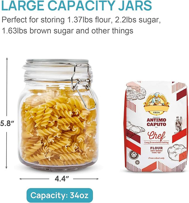 Vtopmart 34oz Glass Food Storage Jars with Airtight Clamp Lids, 3 Pack Kitchen Canisters for Flour, Cereal, Coffee, Pasta and Canning, Square Mason Jar with 8 Chalkboard Labels