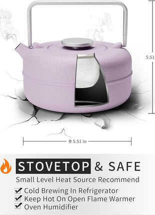 Toptier Teapot with Removable Infuser, Cast Iron Tea Kettle Stovetop Safe, Solid Geometry Cylinder Design Tea Pot Coated with Enameled Interior for 27 Ounce (800 ml), Purple