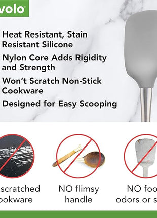 Tovolo Spoon Spatula Spoonula with Stainless Steel Handle Ergonomic Grip Oyster Gray, Silicone Scoopula Kitchen Utensil Non Scratch Easy Clean Dishwasher Safe Heat Resistant Flex Core Scoop Spatula