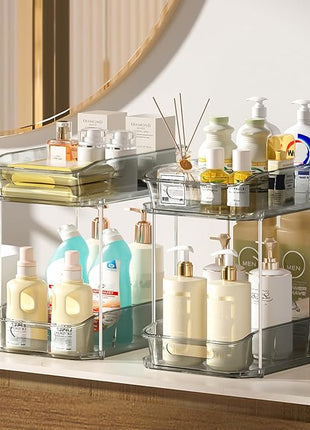 Delamu 2-Tier Under Sink Organizers and Storage, Multi-Purpose Stackable Bathroom Cabinet Organizers, Pull Out Kitchen Pantry Organization and Storage with Dividers(4 Pack, Grey)