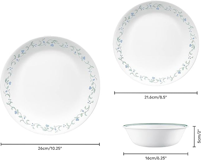 Corelle Dinnerware Set (12pc Set, Country Cottage)-Dinner Set for 4 4 x: Dinner Plates, Side Plates & Bowls 3 X More Durable, Half The Space & Weight of Ceramic up to 80% Recycled Glass, 1146844