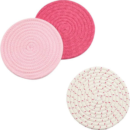 Kitchen Potholders Set Trivets Set 100% Pure Cotton Thread Weave Hot Pot Holders Set (Set of 3) Stylish Coasters, Hot Pads, Hot Mats, Spoon Rest For Cooking and Baking by Diameter 7 Inches (Pink)