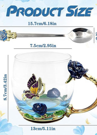 Enamels Butterfly Flower Tea Cup,Glass Coffee Mug,Valentines Mothers Day Graduation Birthday Present Christmas Gifts for Women Mom Her Teacher