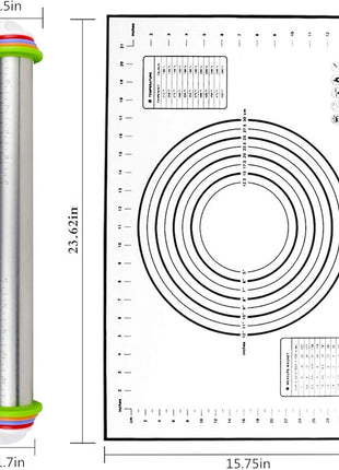 Rolling Pin nonstick and Silicone Baking Pastry Mat combo kit, Adjustable Rolling Pin With Thickness Ringsfor Baking Fondant, Pizza, Pie, Pastry, Pasta, Dough, Cookies (black)
