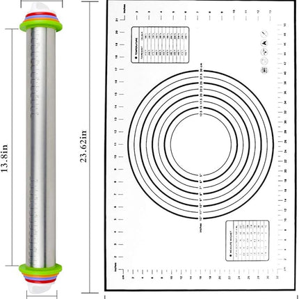 Rolling Pin nonstick and Silicone Baking Pastry Mat combo kit, Adjustable Rolling Pin With Thickness Ringsfor Baking Fondant, Pizza, Pie, Pastry, Pasta, Dough, Cookies (black)