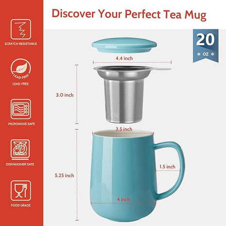 Sweese 20 OZ Porcelain Tea Mug with Infuser and Lid, Loose Leaf Tea Cup, Gifts for Tea Lover - Turquoise