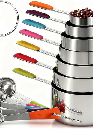 Measuring Cups and Spoons Set Stainless Steel 12 Piece for Cooking and Baking (7 Cups + 5 Spoons, Colorful Handles)