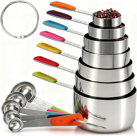 Measuring Cups and Spoons Set Stainless Steel 12 Piece for Cooking and Baking (7 Cups + 5 Spoons, Colorful Handles)
