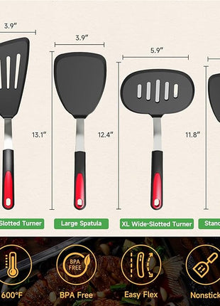 Silicone Spatula Turner Set of 4, GEEKHOM 600°F Heat Resistant Cooking Spatulas for Nonstick Cookware, Large Flexible Kitchen Utensils BPA Free Rubber Spatulas for Pancake, Eggs, Fish, Black