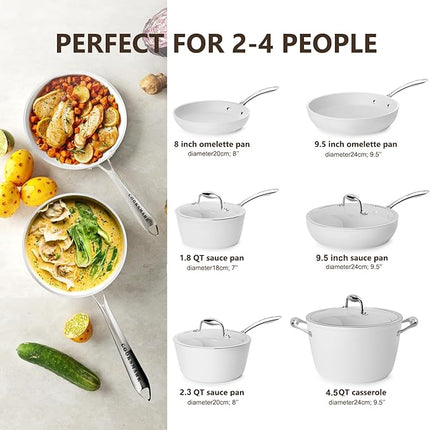COOKSMARK Nonstick Ceramic Cookware Set, Induction & Dishwasher Safe Scratch-Resistant Pots and Pans Set with Glass Lids 10 Pieces, White