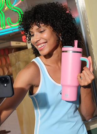 32 oz Tumbler with Handle and Straw: Stainless Steel Insulated Tumbler Keeps Cold for 24 Hours, Leakproof Travel Cup Fits in Cup Holder and BPA-Free,Tulip