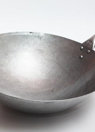 Craft Wok Big 16 Inch Heavy Hand Hammered Carbon Steel Pow Wok with Wooden and Steel Helper Handle (Round Bottom) / 731W138