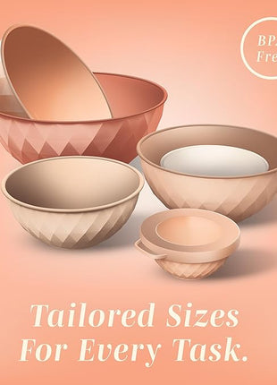 COOK WITH COLOR Mixing Bowls with Lids - 12 Piece Plastic Nesting Bowls Set includes 6 Prep Bowls and 6 Lids, Diamond Design - Microwave Safe, Orange