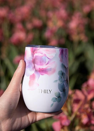 THILY Vacuum Insulated Stemless Wine Tumbler 12 oz Stainless Steel Wine Glass with Lid and Straw, Keep Drinks Cold or Hot, Christmas Birthday Gift, 2 Pack(Pink Lilies + Blue Maple)