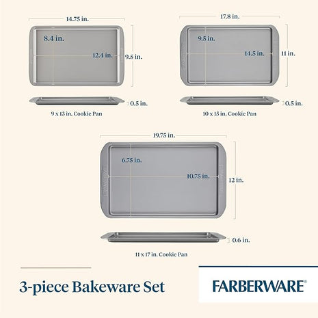 Farberware Nonstick Bakeware 3-Piece Cookie Pan Set, Gray