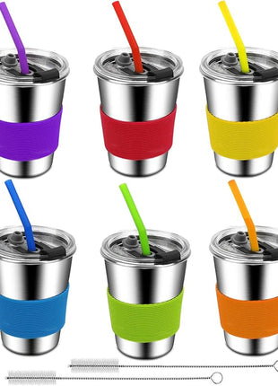 ShineMe Kids Cups with Straws and Lids, 12oz Spill Proof Toddle Straw Cups with Sleeves, Reusable Water Tumbler for Cold & Hot Drinks, Stainless Steel Sippy Cup 6 Pack
