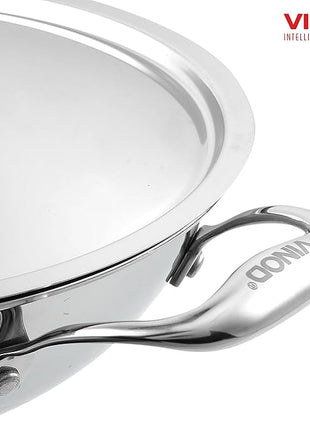 Vinod Platinum Triply Stainless Steel Kadai | Suitable For Indian Cooking, Sauces, Stews, Soups | Extra Deep Kadai With Lid | Induction, Electric Friendly (22cm)
