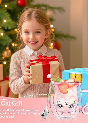 Cute Mugs Glasses Double Wall Insulated Glasses Espresso Cup, Coffee Cup, Tea Cup, Milk Cup, Best Gift for Office and Personal Birthday, Pink Cat