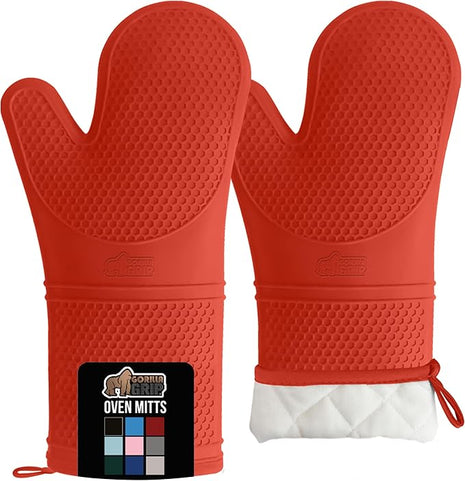 GORILLA GRIP BPA-Free Soft Silicone Oven Mitts, 14.5x8.3, Heat Resistant and Waterproof Cooking Gloves, Thick Cotton Lining, Flexible Gripping for Baking Grilling, Kitchen Potholders Set of 2, Coral