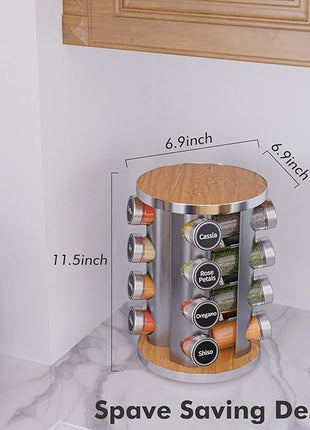 New England Stories Revolving Spice Rack Set with 16 Spice Jars, Kitchen Spice Tower Organizer for Countertop or Cabinet - Carousel Storage Includes 386 Spice Labels