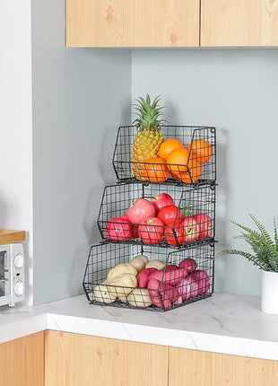 X-cosrack 3-Tier Stackable Wire Baskets for Pantry Organization and Storage, Kitchen Counter Basket for Potato Onion Storage, Fruit and Vegetable Storage Basket, Metal Baskets for Snack Produce Cans