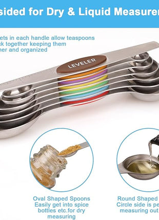 Aovchei 7 PCS Magnetic Measuring Spoons Set, Dual Sided, Stainless Steel Small Tablespoon, Teaspoons, Fits in Spice Jars, for Dry and Liquid, MultiColor