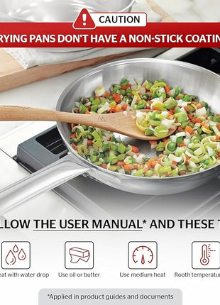 Sunhouse 10 Inch Tri-Ply Stainless Steel Frying Pan, Whole-Clad No Coatings Skillet with Stay-cool Handle for Cooking, Durable & Oven Safe to 500°F, Dishwasher Safe, Compatible with All Cooktops