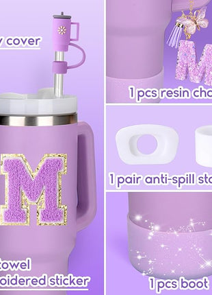 Mity rain 6PCS Cup Accessories Set for Stanley Cup 30oz 40oz tumbler with handle, Including Silicone Straw Topper Cover Cap and Boot, Spill Proof Stopper, Handle Charm, Initials Sticker (Letter M)