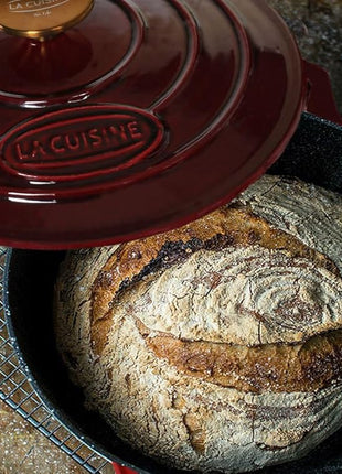 La Cuisine Enameled Cast Iron Dutch Oven Casserole Dish Pot with Lid, 5 QT 10.3“ /26cm Dia. Internal Matte Black Enamel Coating Gold-Plated SS Lid Handle Oven Safe up to 500° F, Cranberry