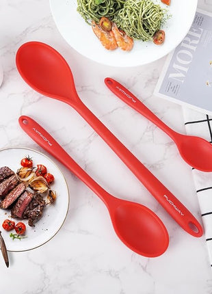 3 Pcs Silicone Spoons Set of 7.9 10.6 14.2 inch for Cooking, Heat Resistant Kitchen Spoons for Mixing, Stirring, and Serving, Small to Large Non Stick (Red)