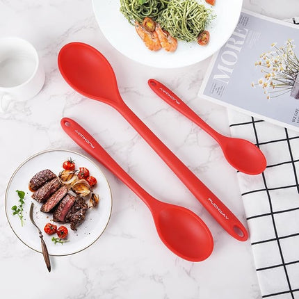 3 Pcs Silicone Spoons Set of 7.9 10.6 14.2 inch for Cooking, Heat Resistant Kitchen Spoons for Mixing, Stirring, and Serving, Small to Large Non Stick (Red)